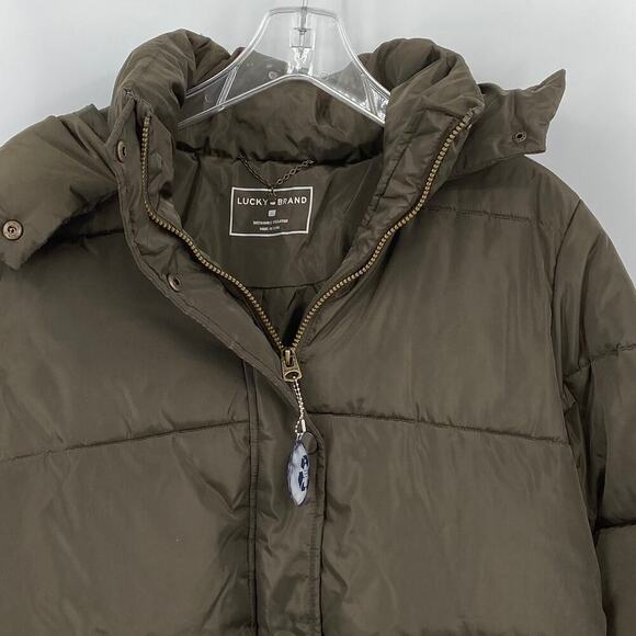 Lucky Brand Puffer Jacket Size L Parka Coat Quilted Fingertip Army Green Hooded - Picture 6 of 14